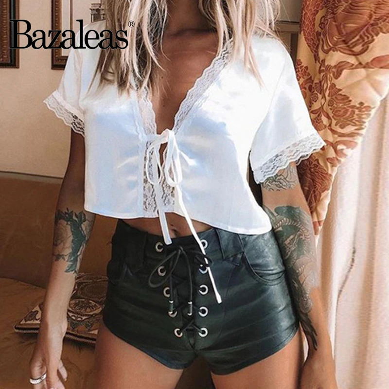 Bazaleas Fashion Deep V Neck Lace Patchwork Women T shirts Center Bandage tshirt Loose womens crop top T-shirt | Женская одежда