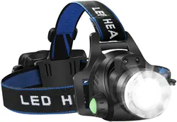 Lampe frontale LED haute puissance, imperméable, lumière intense, alimenté par 2 piles 18650, 3 modes d'éclairage avec fonction zoom, T6/L2/V6 