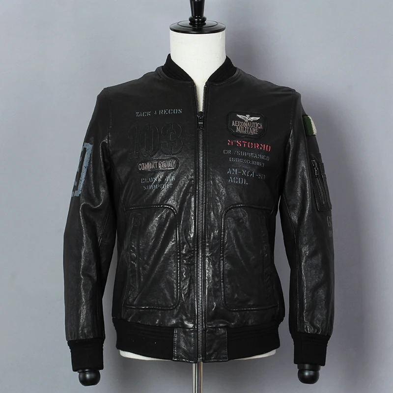 Мужская приталенная куртка-бомбер из натуральной овчины Черная бейсбольная