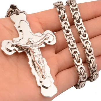 

316 Stainless Steel Men Women Silver Color Cross Pendant Necklace with 6mm 18-30 Inch Byzantine Link Chain New Fashion Jewelry