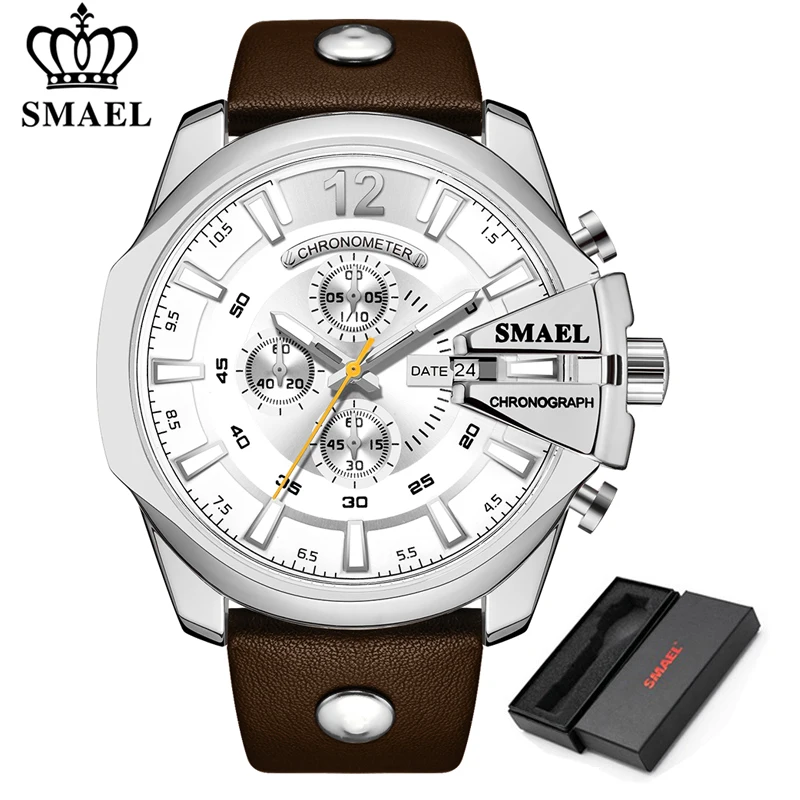 Brown Silver SMAEL, модные спортивные часы с большим циферблатом, мужские брендовые Роскошные Кварцевые наручные часы с календарем и датой, мужские военные водонепроницаемые часы - Color: Brown Silver