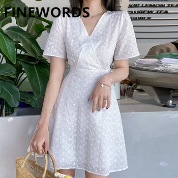 

FINEWORDS V Neck White Mini Short Dress Summer Short Sleeve Beach Dress Casual Loose Plus Size Vintage Dress Elegant Ropa Mujer
