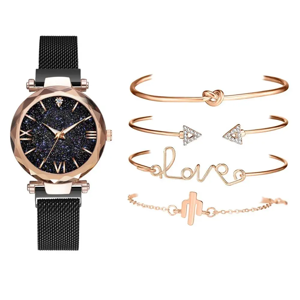 Black 5pcs Set 5 шт. набор роскошные женские часы магнитные звездное небо женские часы кварцевые наручные часы модные женские наручные часы Relogio Feminino - Цвет: Black 5pcs Set