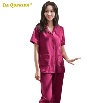 

New Woman Clothes Short Sleeve Long Pants Pajamas Set Homesuit Homeclothes Sleepwear Casual Style Turn Down Collar 100% Cotton