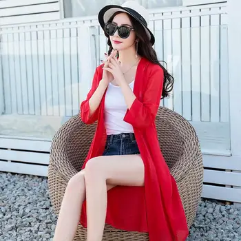 

2020 Summer Autumn Women Chiffon Blouse Sun Protection Sheer Long Cardigan Kimono Jacket Coat Female Long Sleeve Casual Tops