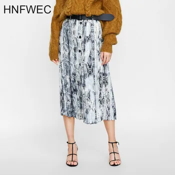 

2019 Women Mid-calf Long Serpentine Pleated Skirts Lady Autumn Winter Snake Skin Printing Vintage Hight Waist Button Skirt E044