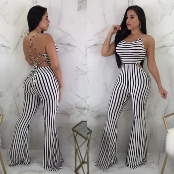 

Sexy Women Striped Elastic Halter Backless Cross bow knot tied Bodycon Flare Jumpsuits Evening Party wear Hip Rompers
