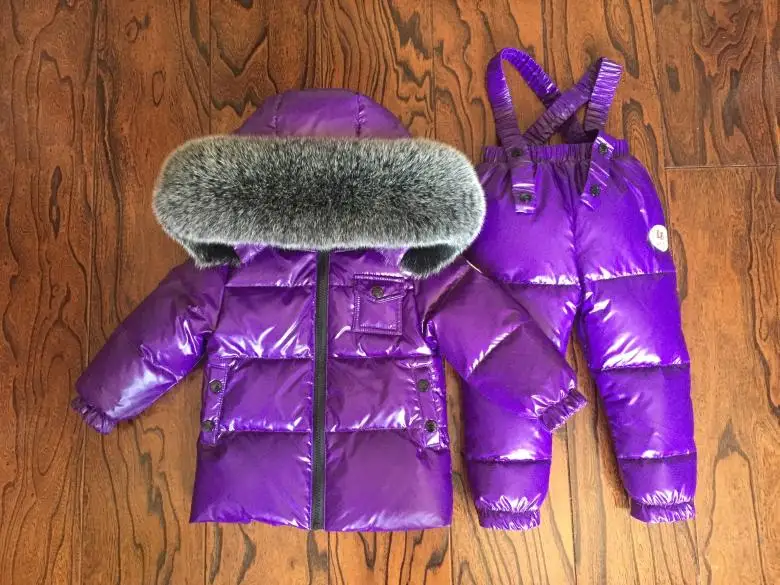 -30 1-14Y Russian Snowsuit Children Sets White Down Boys Waterproof Clothing Kids Coat Winter Jacket Girls Big Real Fur Parka