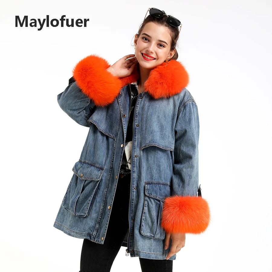 Maylofuer Новая женская синяя джинсовая куртка съемный пуховик натуральный Лисий мех воротник и манжеты с поясом