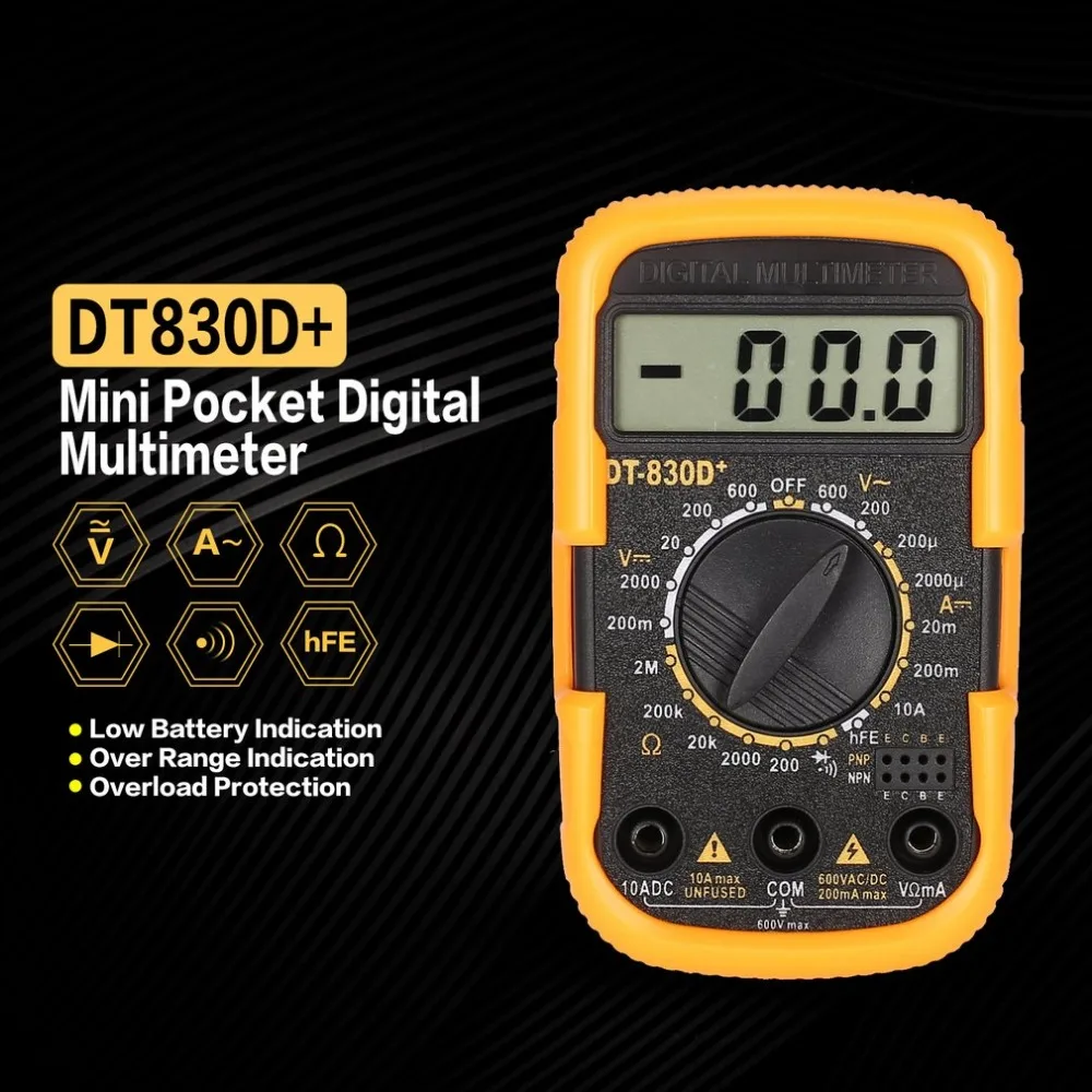 DT830D+ мини карманный цифровой мультиметр 1999 переменного/постоянного тока AC/DC Вольт Ампер Ом диод hFE Непрерывность тестер Амперметр Вольтметр