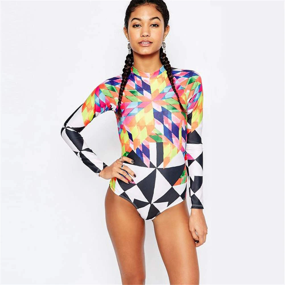 長袖ラッシュガード女性の幾何学プリント水着ハイネックワンピース水着ブラジルモノキニダイビングサーフウェットスーツビーチ Rash Guard Aliexpress