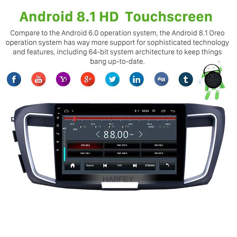 Harfey 10,1 ''Android 8,1 Автомобильный gps Navi Радио 2.4L высокая версия головное устройство для Honda Accord 9 2013 поддержка Carplay HD сенсорный экран
