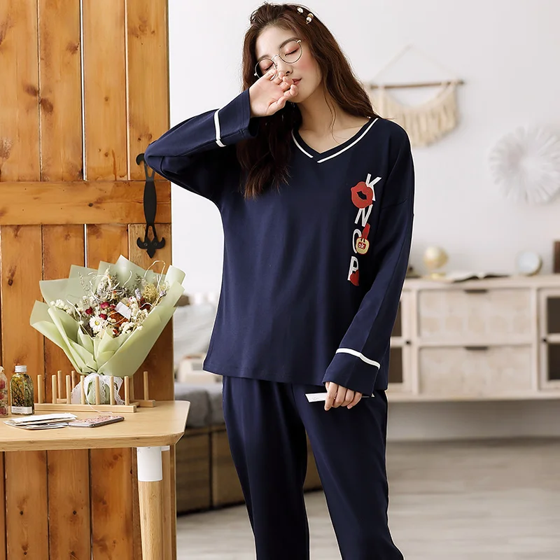 5XL Женская милая одежда для отдыха на осень и весну, женские пижамы с длинными рукавами, комплект с длинными штанами, пижамные комплекты, хлопковые пижамы для отдыха