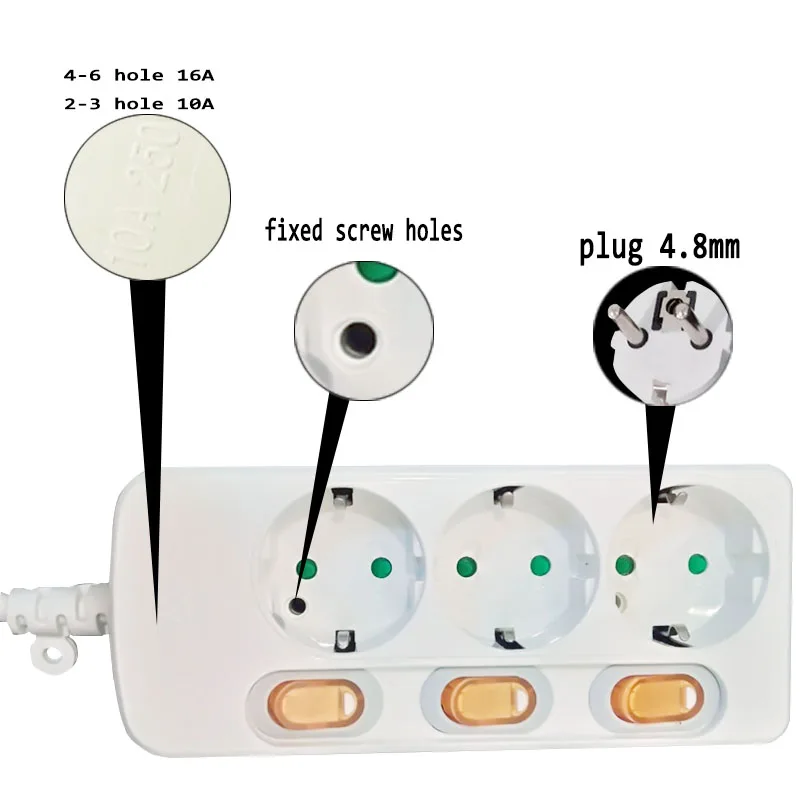 Штепсельная Вилка европейского стандарта разъем питания 10/16A защита от перегрузки для безопасности детей, расширение гнезда ЕС мощность полосы 2/3/4/5/6 отверстий 4,8 мм 2 контактный разъем