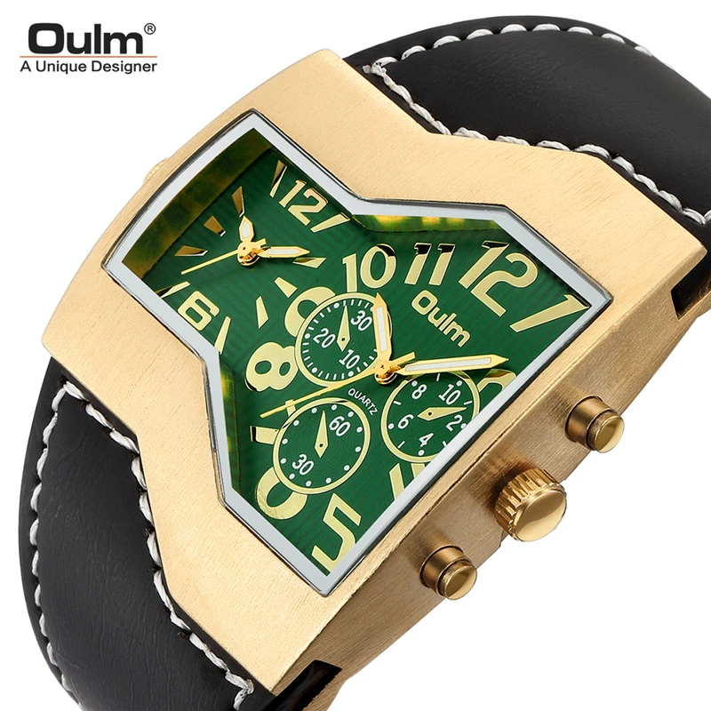 Oulm 1220B Golden Dial Luxury Men's Watches Unique Design Two Time Zone Watch Leather Strap Wristwatch relogio masculino
