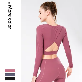 

New T-shirt, navel exposed, long sleeve, nude, anti-static, high elastic running fitness suit, yoga suit, women's tights