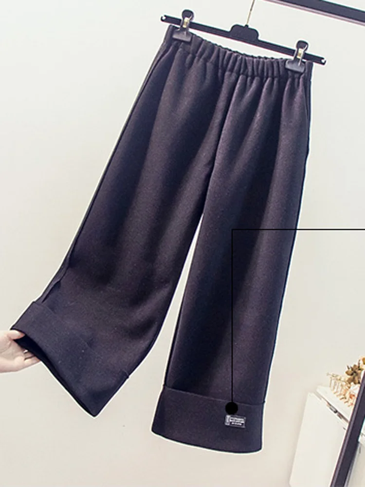 Autumn Winter Women Thicken Warm Woolen Wide Leg Pants Female Casual Sloid Color Plus Size Elastic Waist Trousers Streetwear - Цвет: Black