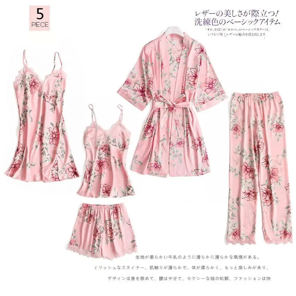 

Nieuwe Vrouwen Satijn 5 Pcs Nachtkleding Lente Kant Trim Pyjama Pyjama Set Print Bloemen Nachtkleding Casual Homewear Lingerie P