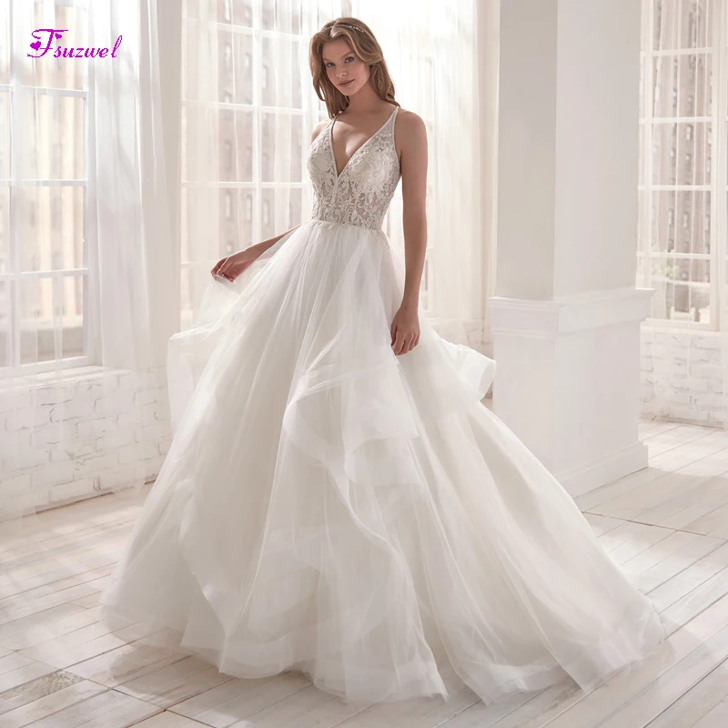 

Fsuzwel Vestido de Noiva Applques Beaded A-Line Wedding Dresses 2020 Sexy V-Neck Backless Princess Bridal Gown Vestido de Noiva