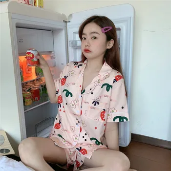 

XIFER 2020 Printed Short-sleeved Pajamas Women's Suit Loose and Cute Home Wear Can Be Worn Outside In Summer