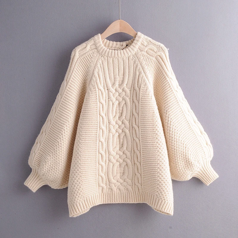 Women Autumn O-neck Knitted Lantern Sleeve Solid Female Sweater Ladies Casual Sweater