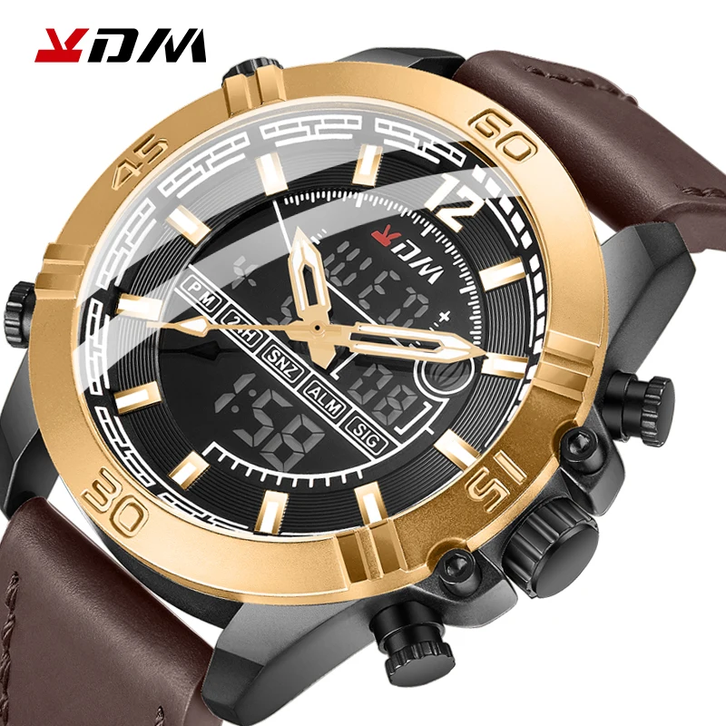 

KDM Men Gold Watch Dual Quartz Digital Display Comfort Leather Band military Man relogio masculino Luxury Top Quality hombre
