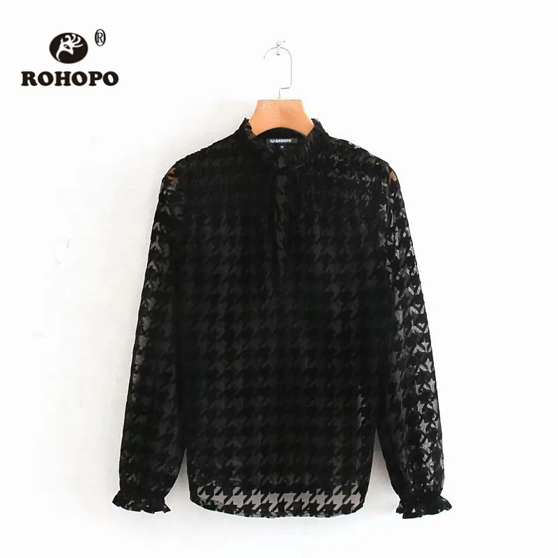 ROHOPO/Черная Кружевная блуза с круглым воротником и вышивкой в ломаную клетку, с рукавами-фонариками, спереди, с вырезом на шее, полупрозрачный Falda#9057