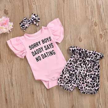 

Girls Clothes Set Baby Print Round Collar Flying Sleeve Jumpsuit Bow Bandage Leopard Short Pants Hairband
