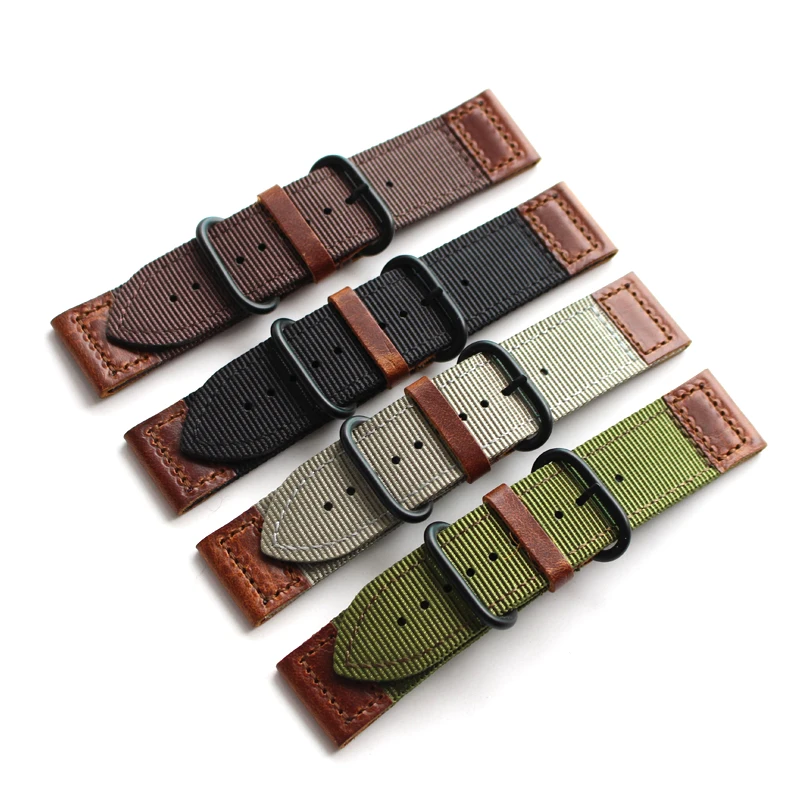 

4 color Nylon Watchbands NATO Strap 18MM 20MM 22MM 24MM, Sport Nylon + Genuine Leather Watch Strap, Men and Women's Wristband