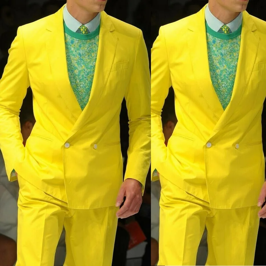

2021 Classic Yellow Double Breasted Blazer Pant Men Slim Fit Suits Best Men Wedding Party Tuxedo Male Custom Made Groom Suits
