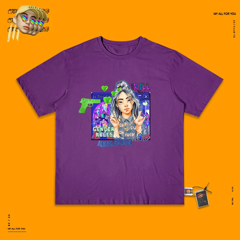 Rap Singer Pyrus Pear Periphery Billie Eilish Fluorescence Green Hip-hop Ins Loose Short Half Sleeve T Shirt - Цвет: Violet