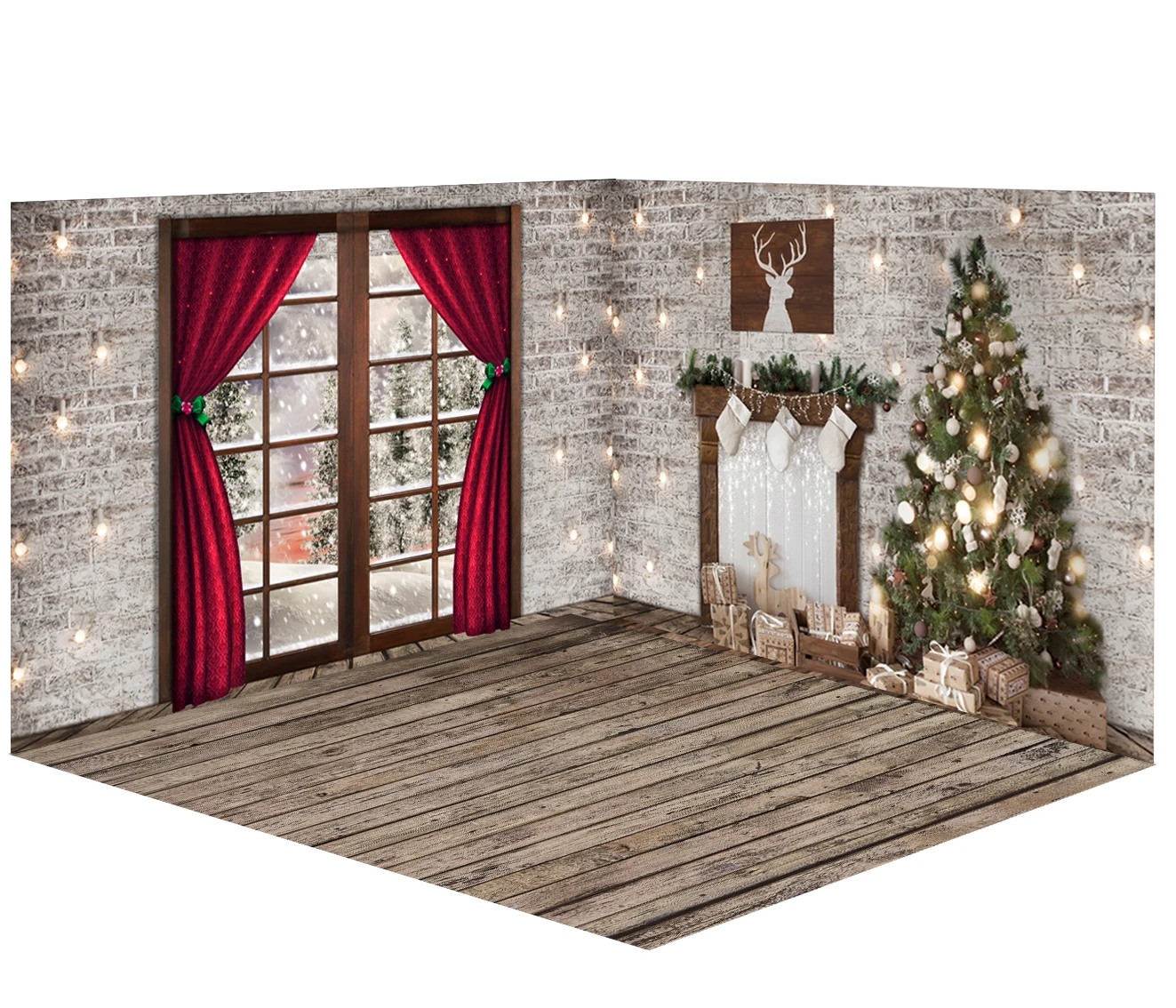 

Christmas Trsses Photo Background Backdrops Red Curtain Brick Light Wall Fireplace Wooden Floor Christmas Decorations for Home