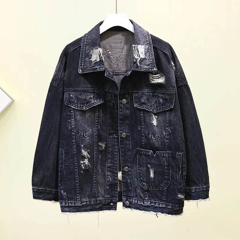 Черный Chaquetas Mujer джинсовая куртка женское Свободное пальто с дырками повседневное BF пальто Женская куртка-бомбер уличная Куртка Jaqueta джинсовое пальто в стиле хип-хоп - Цвет: Черный