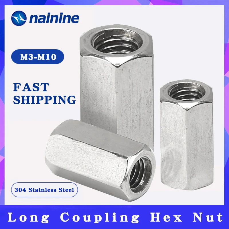 304 SS M5 M6 M8 M10 M12 M14 M24  Hex Coupling nut  Long Thick Connection Nuts 