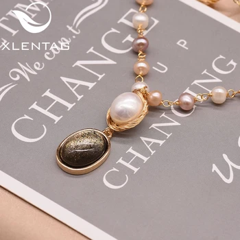 

XlentAg Luxury Handmade Oval Natural Freshwater Pearl Necklace Coloured Glass Pendants Women Wedding Party Boho Jewelry GN0156