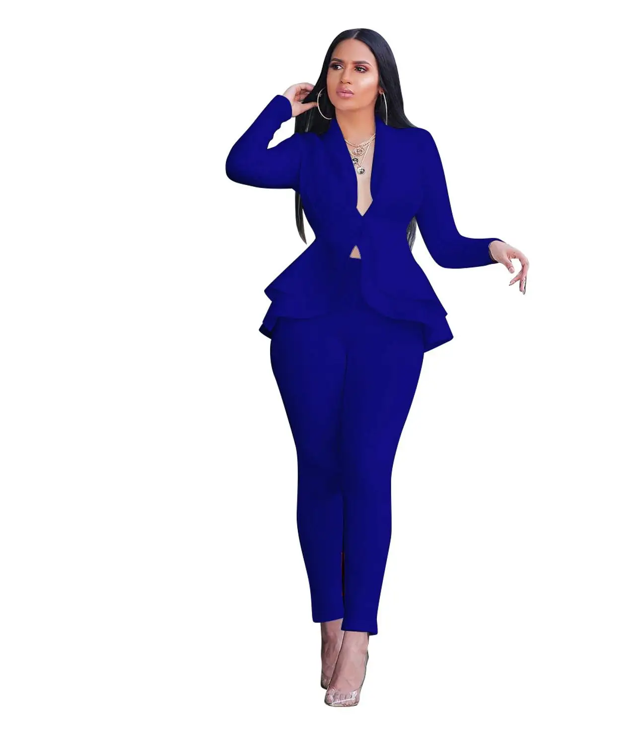 blue Wjustforu Повседневный офисный костюм для женщин s космический слой Гофрированные Топы+ узкие брюки облегающие Формальные Деловые женские брючные костюмы женский комплект - Цвет: blue
