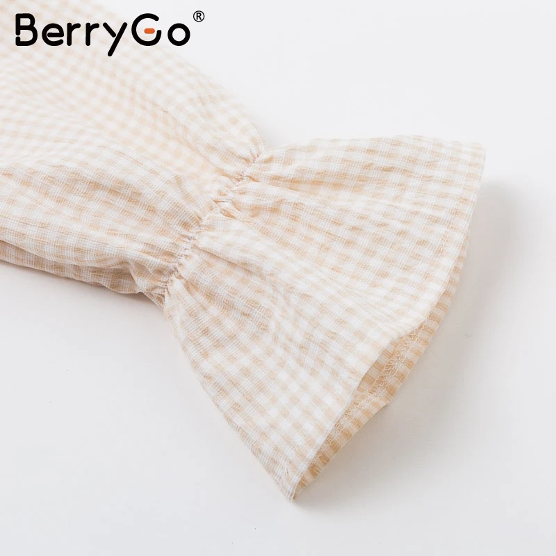 BerryGo, Трикотажное вечернее платье с открытыми плечами, элегантное клетчатое женское платье с пышными рукавами, сексуальная уличная одежда для девушек, Осень-зима, vestidos