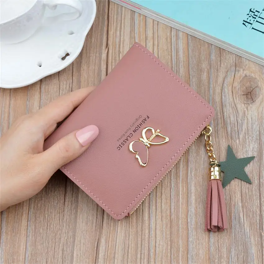 Deep pink Новые женские кошельки маленький мини Безопасный мешок для денег женский короткий бабочка бахромой кошелек на молнии Держатель для кредитных карт кошелек бумажник - Цвет: Deep pink
