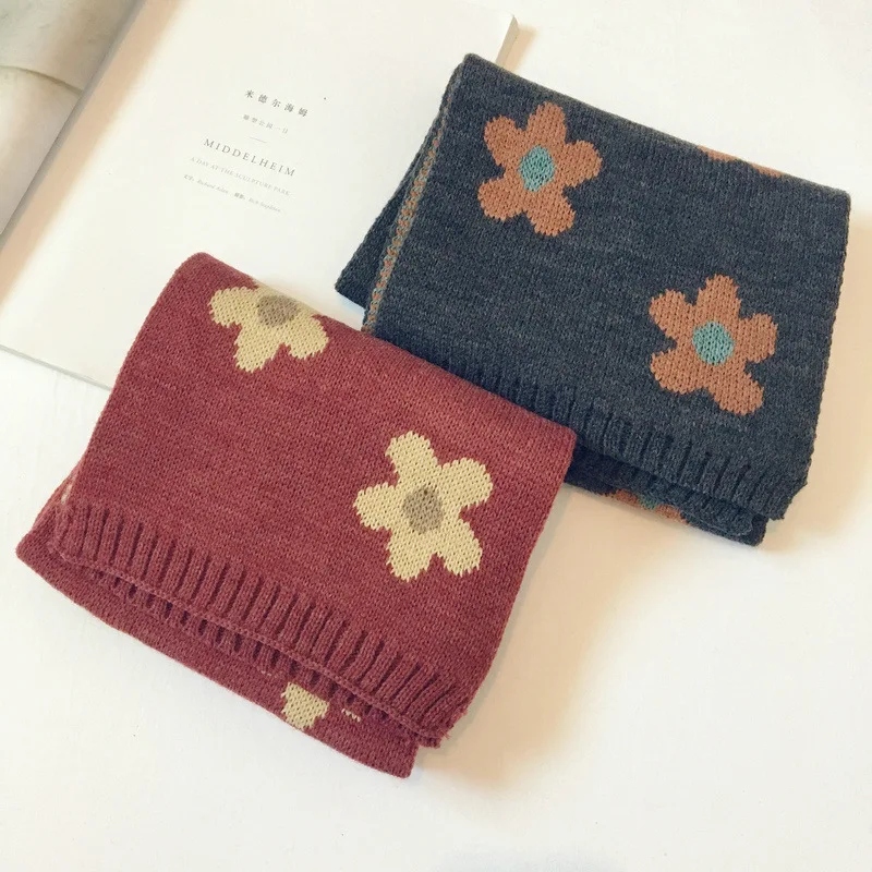 20*130 cm Cute Flower pattern Thickening Knitting wool Scarf For Children girls aged 1-8 Keep warm in autumn and winter Scarf