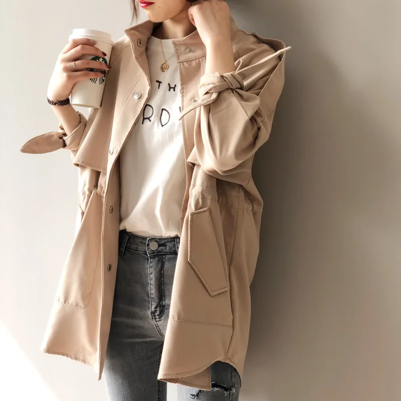 

2020 Spring New Tench Coat For Women Stand Collar Single Breasted Slim Casual Female Coats Solid Long Windbreaker Women Chaqueta
