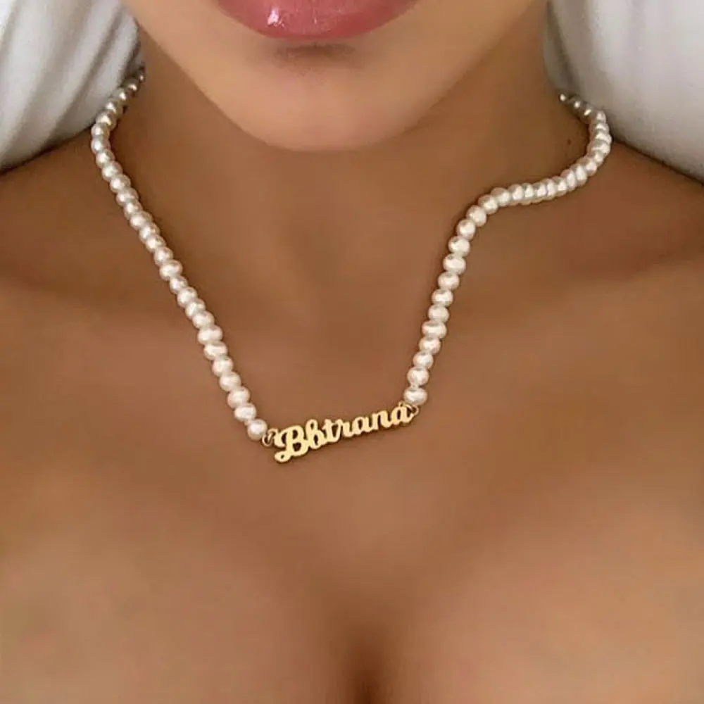 

Bohemia Trendy Freshwater Pearl Gold Plating LETTERS charms Long Women Choker