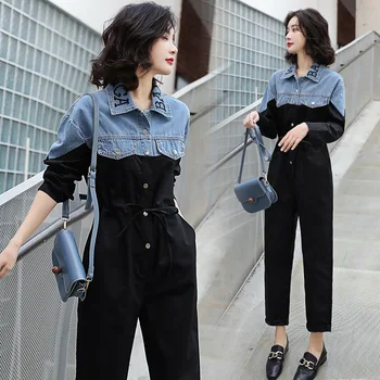 

Women Spliced Denim Rompers Woman New Casual Personality Playsuit Lady Daily Commuter Jumpsuits