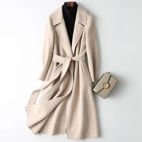 beige Двухстороннее кашемировое пальто женское элегантное зимнее шерстяное Бандажное длинное шерстяное пальто кардиган Abrigos Mujer Manteau Femme Hiver - Цвет: beige