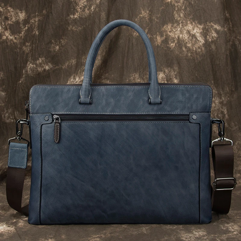 Luuan, темно-синий мужской деловой портфель, мужской портфель из натуральной кожи, винтажная сумка для ноутбука 15,6 дюймов, сумка на плечо из коровьей кожи, мужская сумка-тоут для работы - Цвет: Синий