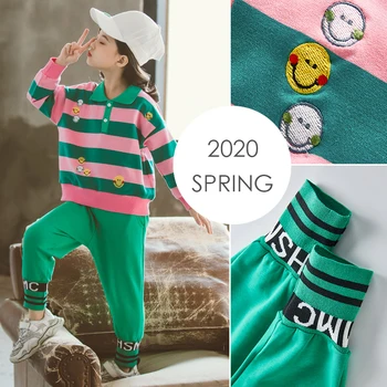 

2020 Fashion Spring Kids Girls Striped Embroidery Turn-down Collar Pullover +Sports Pants for Girls Boutique Outfit Sets Clothes