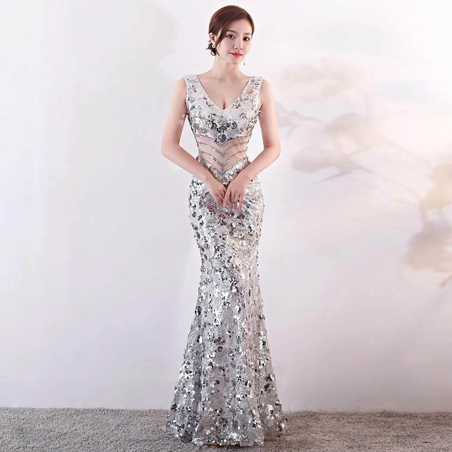 

Evening Dress Tank Floor Length Robe De Soiree Sequined Backless Women Party Dresses 2019 V-Neck Sleeveless Formal Gown F238-2