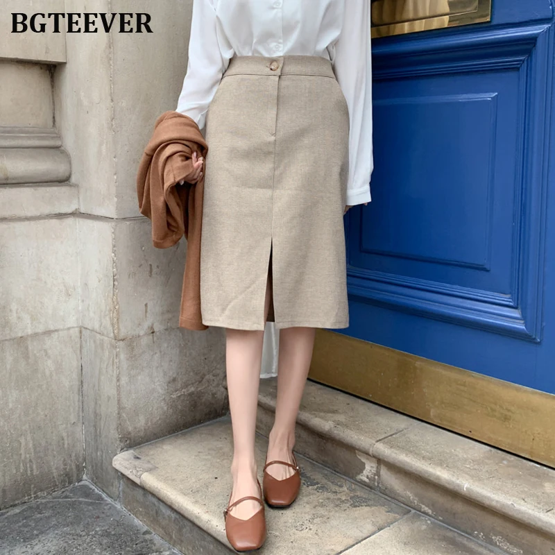 BGTEEVER винтажная эластичная талия Женская пуговица для юбки спереди сплит женские юбки в деловом стиле клетчатые длинные юбки для дам осень