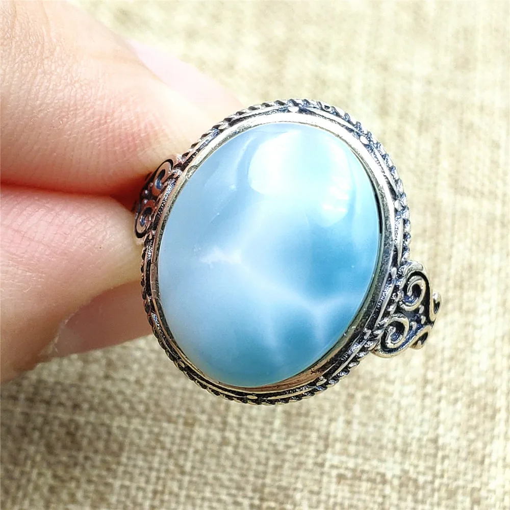 Top Natural Blue Larimar Adjustable Size Ring Jewelry 925 Solid Silver Woman Love Gift 15x12mm Crystal Ring AAAAA