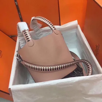 

Net Red Basket Handbag Ribbon Preparation Palm-printed Cowhide Lady One-shoulder Slanted Bag Leather Bucket Bag Woman