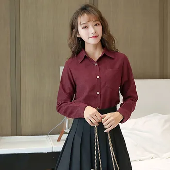 

Thin Long Sleeve Shirt Top For Women Turndown Collar Solid Color Single Breasted Shirt Bottoming Spring Wild Sweet Lady Shirts#7